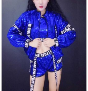 Women royal blue gold sequin jazz dance costumes gogo dancers dj rapper singers hip hop street performance outfits 3pices in one set